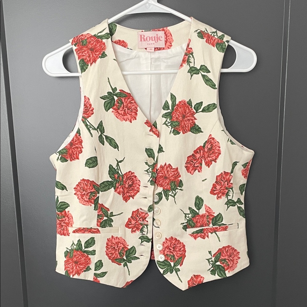 Rouje Cream Vest with Red and Green Floral Design